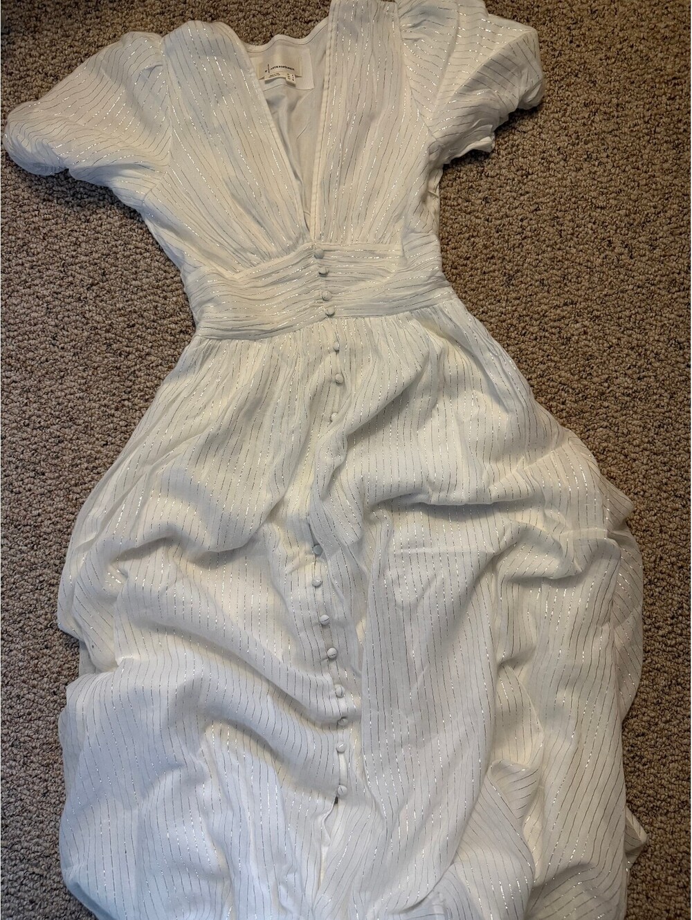 Anthropologie white/silver Katerina button-front midi V-neck dress